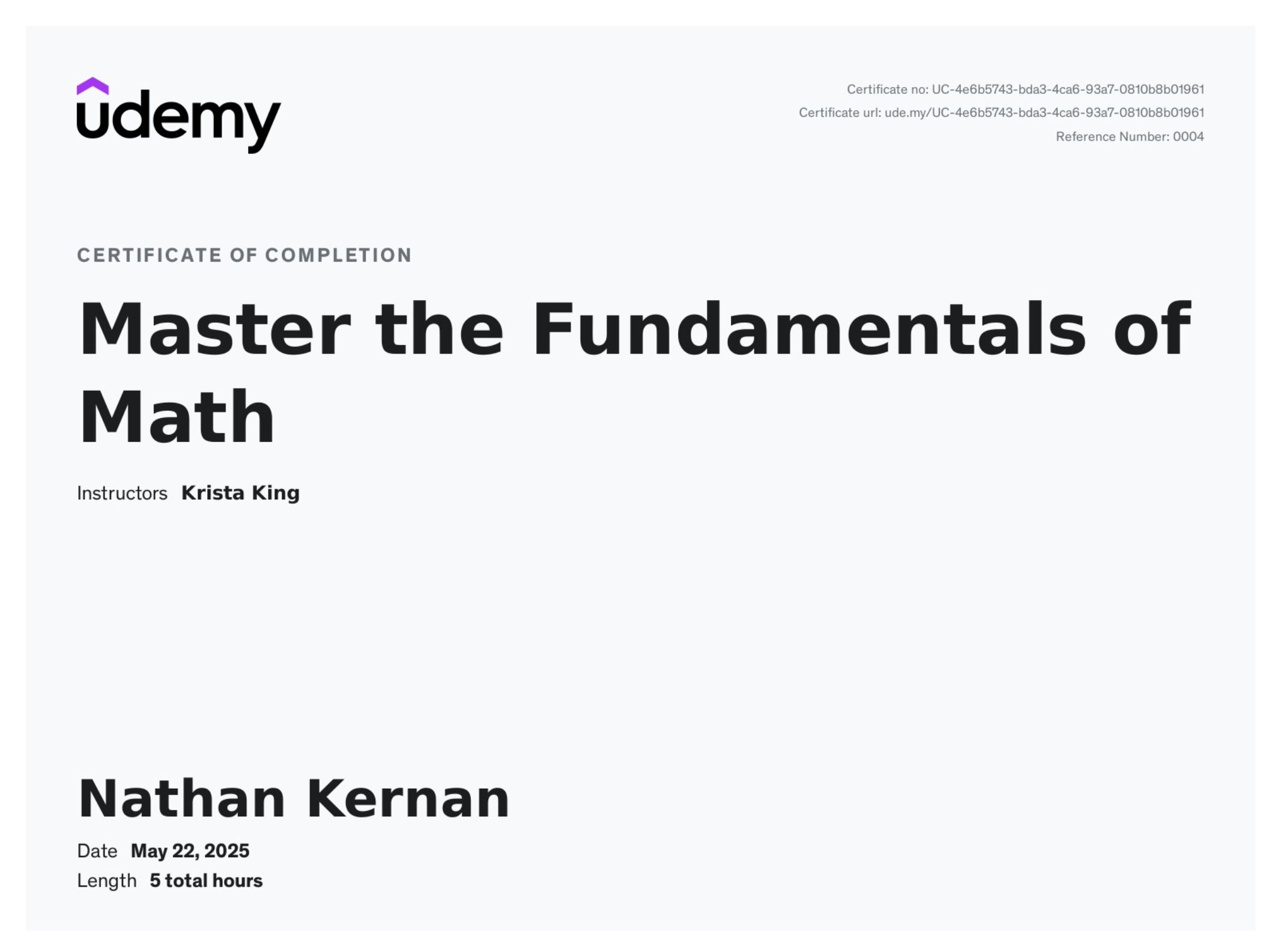 Math Certificate 1